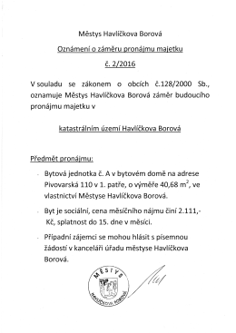 Oznámení o záměru pronájmu majetku č. 2/2016