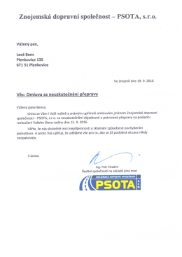 Znojemská dopravní společnost PSOTA s.r.o. Omluva za
