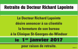 Retraite du Docteur Richard Lapointe le 1er janvier 2017