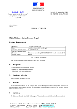 SGDSN AVIS DU CERT-FR Gestion du document 1 - Risque(s)