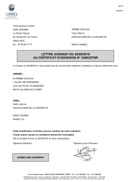 lettre avenant du 20/09/2016 au certificat d`adhesion n
