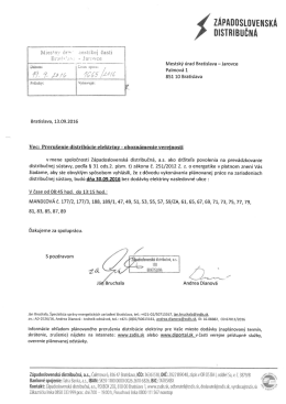 Prerušenie dodávky elektrickej energie 30.9.2016