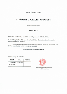 oznámenie o doručení písomností - Jakub Sadlon