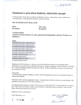 oznámení o přerušení dodávky elektrické energie dne 26