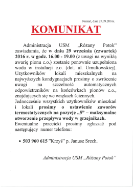Ponowne uzupełnienie wody w instalacji c.o. dotyczy ul.Umultowska
