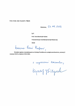 Zgoda prof. K. Filipiaka na kandydowanie na funkcję Prorektora ds