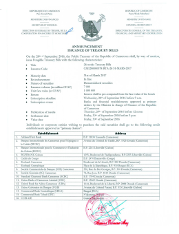 Announcement issuance of Treasury Bills of Cameroon 28th