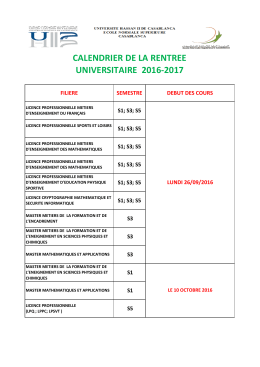 CALENDRIER DE LA RENTREE UNIVERSITAIRE 2016-2017