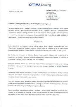 Obavijest o likvidaciji dru&scaron;tva Optima Leasing d.o.o.