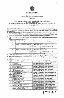 Page 1 PENGUMUMAN Nomor : 62S6/Kw.10/12/Kp.00.1/10/2016