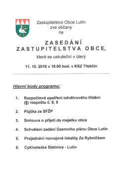 OÚ - Zastupitelstvo Obce Lutín zve občany na zasedání, které se
