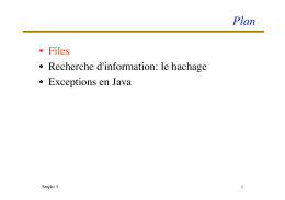 • Files • Recherche d`information: le hachage • Exceptions en Java