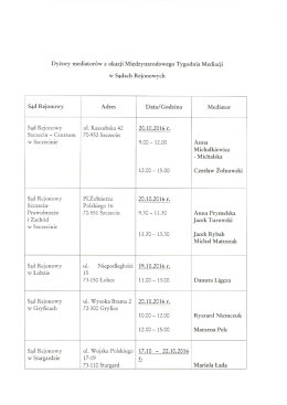 Dyżury mediatorów - Sąd Rejonowy w Gryfinie