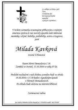 Milada Kavková - Jan Sadový,Pohřební služba, Jablunkov