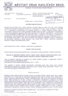 Opatření obecné povahy o dočasném omezení užívání pitné vody