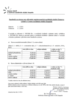 Sazebník za stravu - Domov Libníč a Centrum sociálních služeb