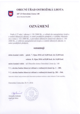 Oznámení o době a místě konání voleb