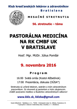 t&eacute;ma PASTOR&Aacute;LNA MEDIC&Iacute;NA NA RK CMBF UK V BRATISLAVE