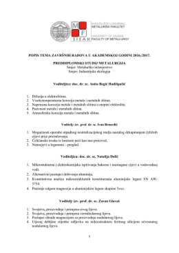 POPIS TEMA ZAVR&Scaron;NIH RADOVA U AKADEMSKOJ GODINI 2016