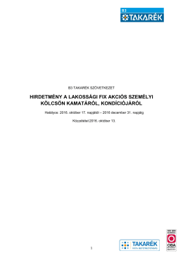 Hirdetmény a lakossági "FIX" személyi kölcsön kamatairól, kondícióiról