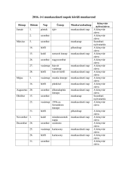 2016. &eacute;vi munkasz&uuml;neti napok k&ouml;r&uuml;li munkarend