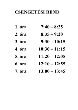 CSENGET&Eacute;SI REND 1. &oacute;ra 7:40 &ndash; 8:25 2. &oacute;ra 8:35 &ndash; 9:20 3. &oacute;ra 9:30