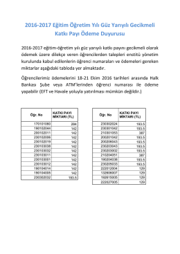 2016-2017 Eğitim Öğretim Yılı Güz Yarıyılı Gecikmeli Katkı Payı