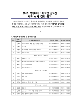 2016 빅데이터 스타트업 공모전 서류심사결과
