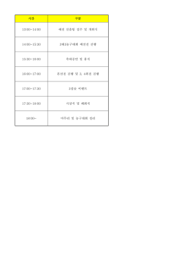 시간 구분 13:00~14:00 예선 진출팀 접수 및 개회식 14:00~15:30 3대3