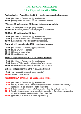 INTENCJE MSZALNE 17 - 23 października 2016 r.