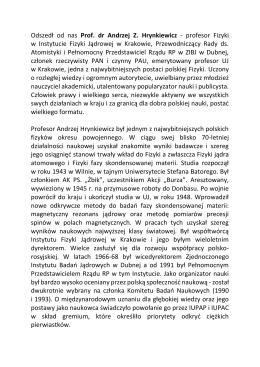 Odszedł od nas Prof. dr Andrzej Z. Hrynkiewicz