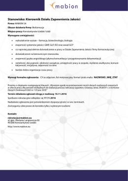 Stanowisko: Kierownik Działu Zapewnienia Jakości