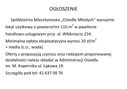 Ogłoszenie - wynajem lokalu użytkowego o powierzchni 110 m2 w