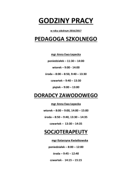 Godziny pracy pedagoga, biblioteki i świetlicy