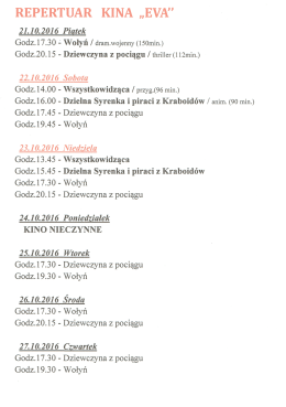 Filmy w Kinie Eva do 27.10 kliknij tu