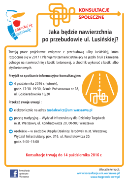 Plakat informujący o konsultacjach ul. Lusińskiej