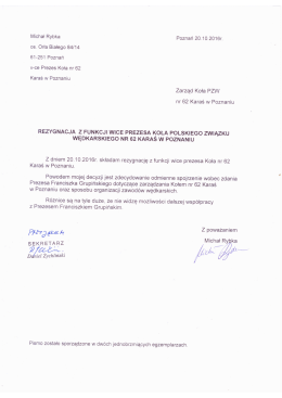 Michał Rybka- rezygnacja z funkcji wice Prezesa Koła nr 62