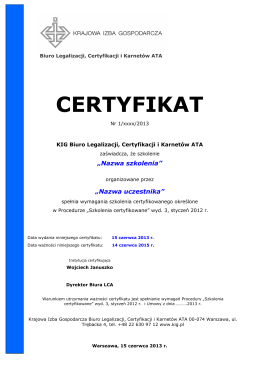 Certyfikat szkolenia - Krajowa Izba Gospodarcza