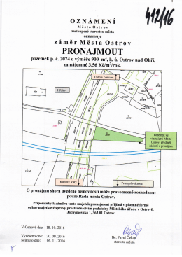 Oznámení - Záměr města Ostrov pronajmout pozemek p.č. 2074 v k