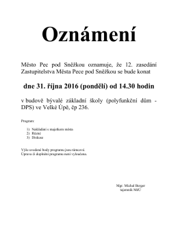 Oznámení o konání 12. zasedání zastupitelstva města dne 31.10.2016