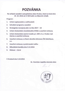 Pozvánka na veřejné zasedání zastupitelstva obce Hrušov 19.10.2016