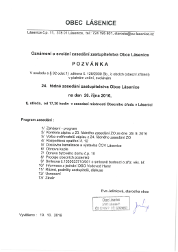 Pozvánka na 24. řádné zasedání ZO Lásenice 26. října 2016