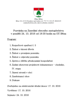 Pozvánka na Zasedání obecního zastupitelstva v