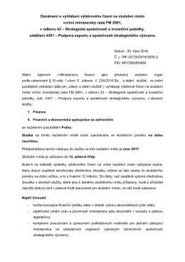 Oznámení o vyhlášení výběrového řízení na služební místo