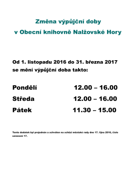 Změna výpůjční doby v Obecní knihovně Nalžovské Hory