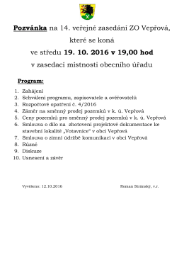 Pozvánka na 14. veřejné zasedání ZO Vepřová, které se koná ve