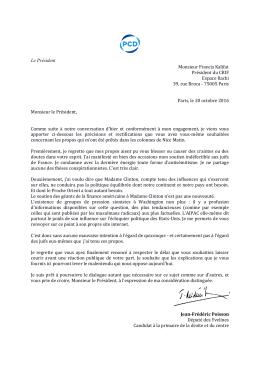 lettre au Crif - Jean-Frédéric Poisson 2016