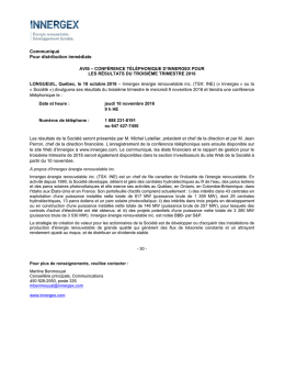 CONFÉRENCE TÉLÉPHONIQUE D`INNERGEX POUR LES