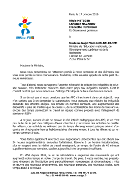 nouveau courrier du SNUipp-FSU &agrave; la ministre du 17 octobre 2016