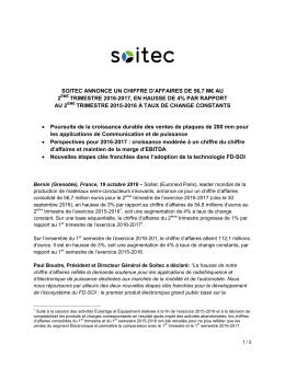 soitec annonce un chiffre d`affaires de 56,7 m€ au 2 trimestre 2016